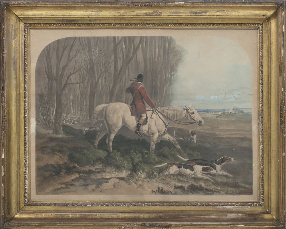 Gavura inglesa colorida - 'Caçada a Cavalo' (assinada)