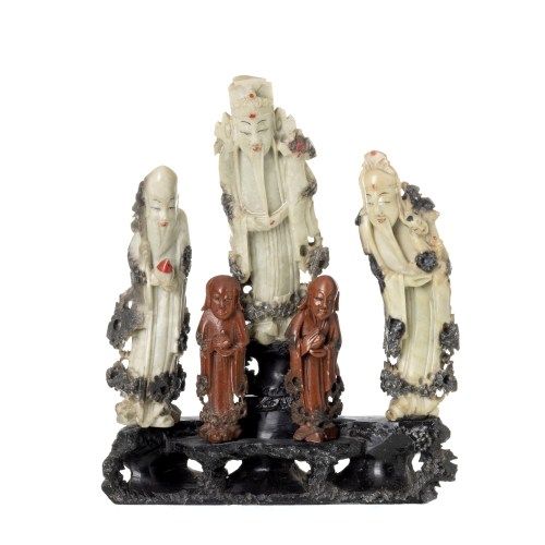 Escultura Oriental - Grupo escultórico 'imortais' em pedra de sabão