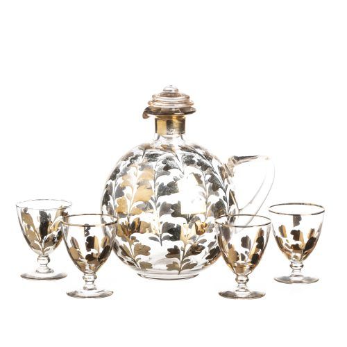 Cristal e vidro - Quatro copos e garrafa art deco