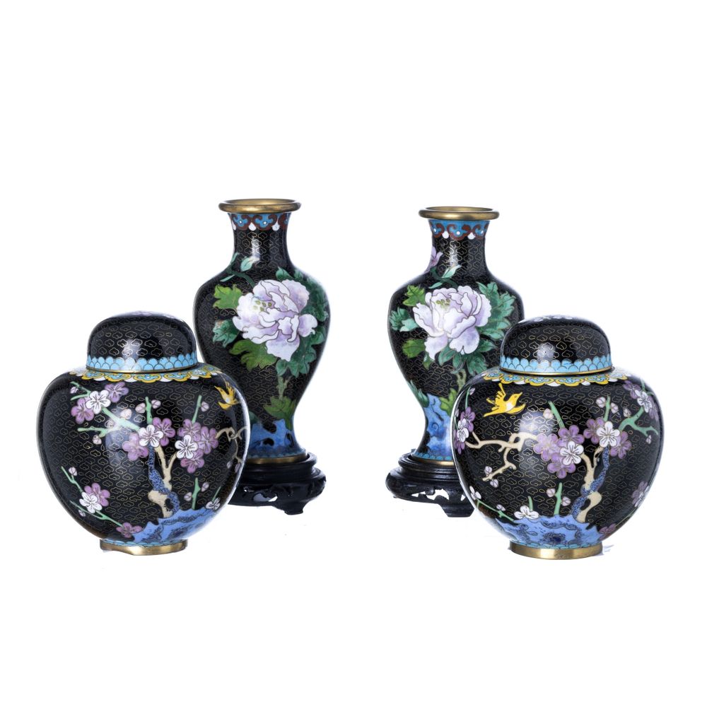 Par de jarras e par de potes com tampa; cloisonne