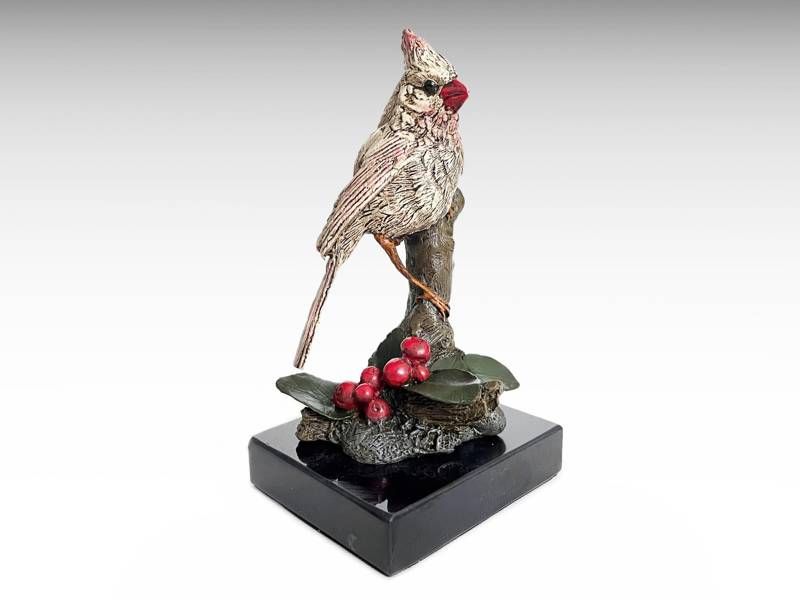 Escultura de bronze - Pássaro cardeal (pintado à mão)