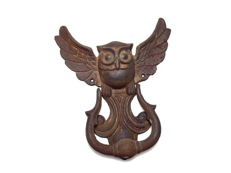 Aldrava de porta; com coruja de ferro fundido rústico