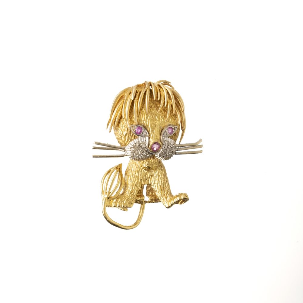 Broche leão em ouro 18K rubis e diamantes